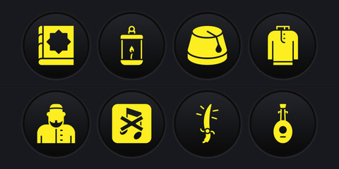 Set Muslim man, Shirt kurta, Speaker mute, Arabian saber, Turkish hat, Ramadan Kareem lantern, Lute and Holy book of Koran icon. Vector