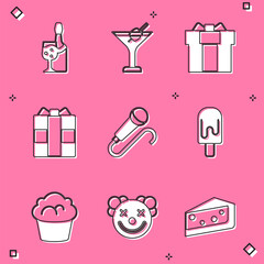 Set Champagne bottle, Martini glass, Gift box, Microphone, Ice cream, Muffin and Clown head icon. Vector