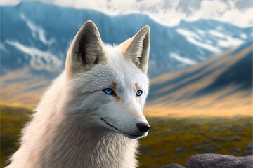 Obraz premium White fox with blue eyes in a mountain. Generative AI.