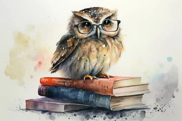 Foto auf Acrylglas Watercolor painting of an owl wears glasses and sitting on a stack of books. Generative AI © Kanisorn