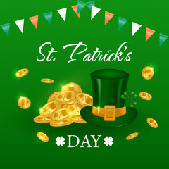 St patricks day card. St. Patrick's attributes design with a bunch of gold and a Leprechaun hat, a festive garland with flags in the colors of the flag of Ireland on a green background. Vector illustr