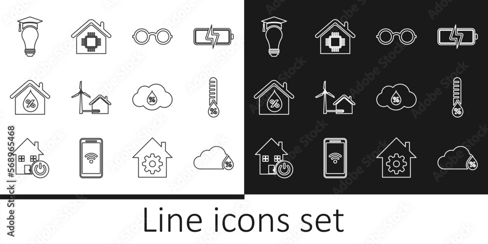 Sticker Set line Humidity, Glasses, House with wind turbine, humidity, Light bulb and graduation cap, and Smart home icon. Vector