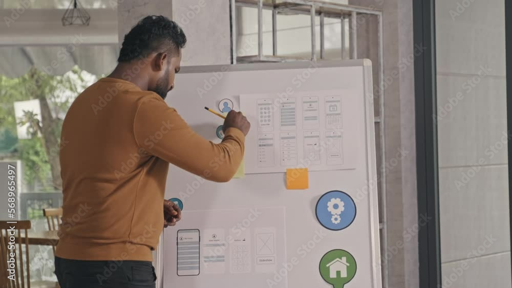 Wall mural medium long shot of indian ux designer working with mobile app mockup sketches and sticky notes flip