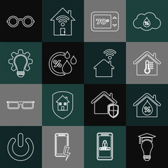 Set line Light bulb and graduation cap, House humidity, temperature, Thermostat, Humidity, gear, Glasses and Smart home with wi-fi icon. Vector