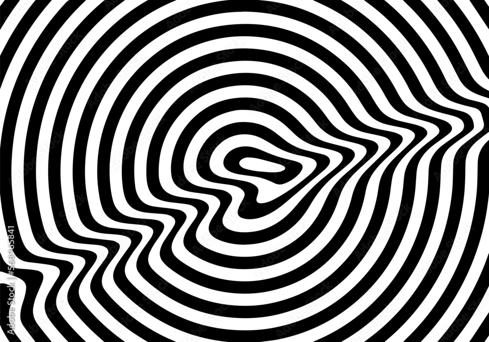 Poster Pattern with Abstract Black and White Optical Illusion. Circle Stripes Background with Ripple Effect. Vector Target Illustration