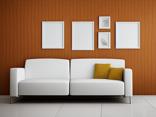 Blank white poster frames mock ups in scandinavian style living room interior, wooden wall, modern living room interior background, white sofa, yellow pillows, 3d rendering