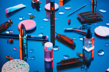 cosmetic products on makeup table.