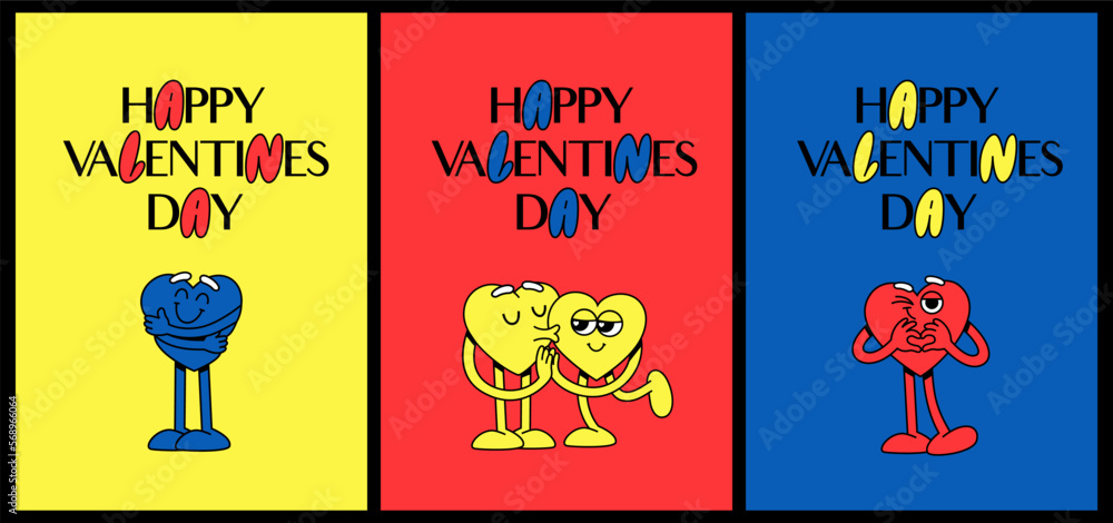 Poster set of colorful cute retro posters for valentines day. vector characters in groovy retro style. illu