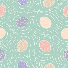 Many drawn Easter eggs on beige background. Texture for design 