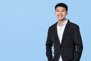 Young handsome asian businessman smiling confident isolated on blue light background. Business Person concept.