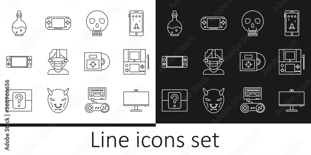 Poster set line computer monitor, portable video game console, skull, virtual reality glasses, bottle with 