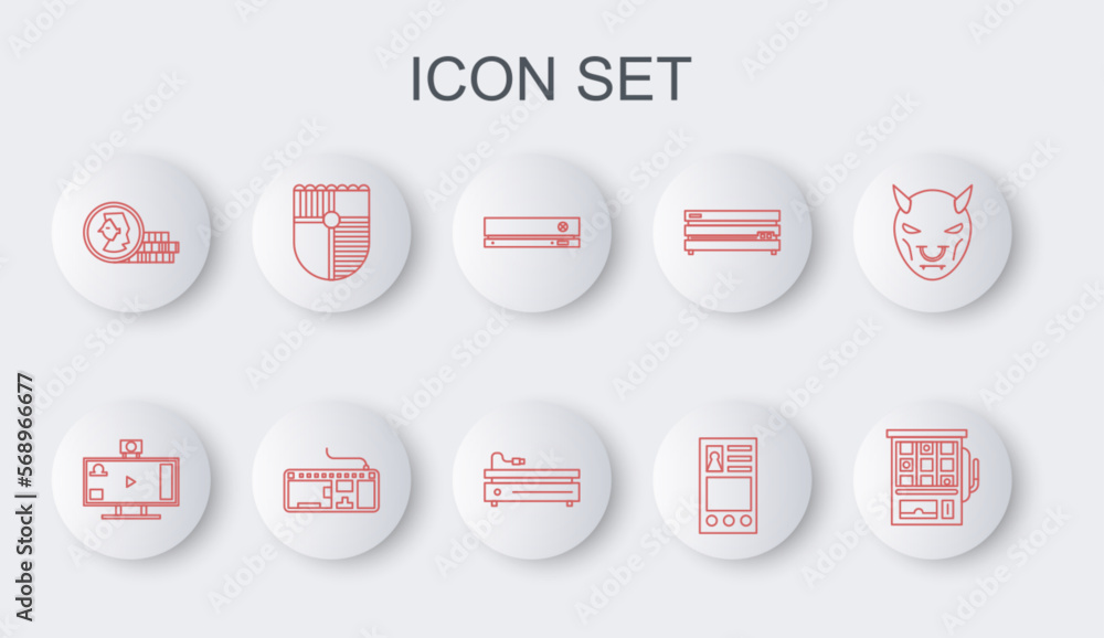 Poster set line slot machine, live streaming online, video game console, create account screen, coin for, s