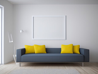 Mockup poster in the living room, the dark grey sofa with yellow cushions in modern style, 3d render, 3d illustration