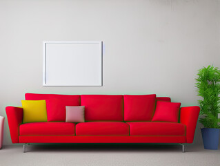 Blank poster frame mock up in on wall. living room interior, red sofa and yellow pillow, 3d rendering