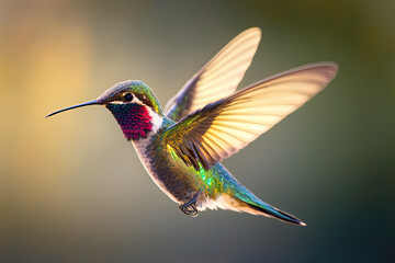 Colorful Hummingbird Flying, Dark Background, Closeup, Generative AI Digital Illustration