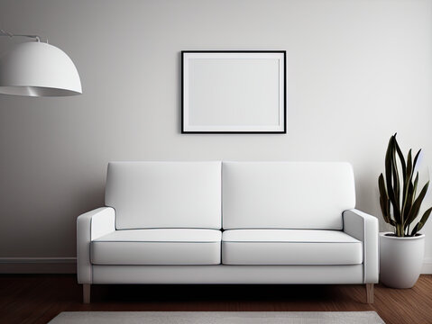 Blank poster frame mock up in scandinavian style living room interior, modern living room interior background, white sofa on wooden floor, 3d rendering, generative ai