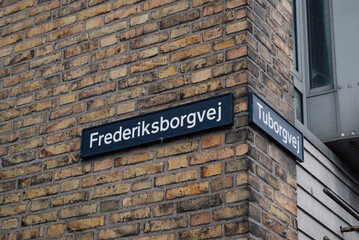 Danish street sign of Frederiksborgvej and Tuborgvej in Copenhagen Denmark