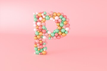 Letter P made of glass balls, pastel pearls, crystal jewels and gold.