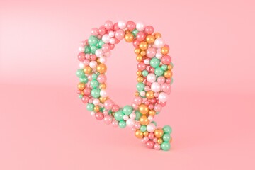 Letter Q made of glass balls, pastel pearls, crystal jewels and gold.