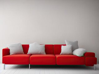 big red sofa with white pillows in an empty room