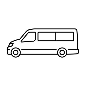 recommend clip art: Minibus icon. Small passenger bus. Black contour linear silhouette. Side view. Editable strokes. Vector simple flat graphic illustration. Isolated object on a white background. Isolate.