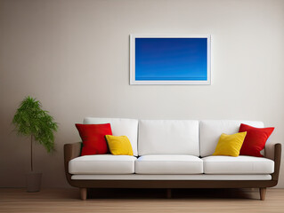 Blank vertical poster frame mock up in scandinavian style living room interior, modern living room interior background, white sofa sofa and red yellow cushions, 3d rendering, generative ai