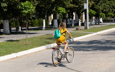 A little girl rides a bicycle on the city road. View from the back.