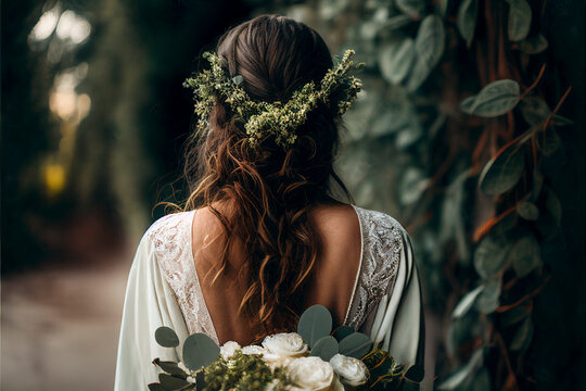 Graceful bride clutching a bouquet of green eucalyptus and white flowers - Generative Ai