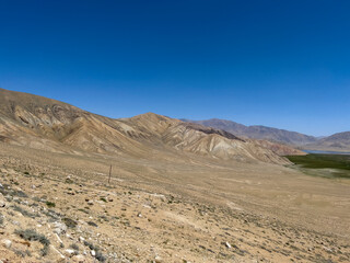 Fototapeta na wymiar Pamir deserts and a green oasis.