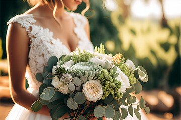Blissful bride in white holding a charming bridal bouquet of eucalyptus and white flowers - Generative Ai