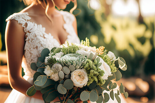 Blissful bride in white holding a charming bridal bouquet of eucalyptus and white flowers - Generative Ai