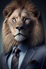 Lion Business Man CEO Portrait. Animal Hybrid Work Concept. Generative AI.