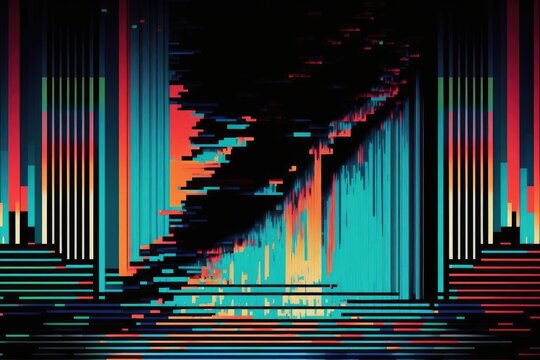 Abstract illustration of distorted tv test color bars. Glitch effect background. Conceptual image of vhs dead pixels. AI generated.
