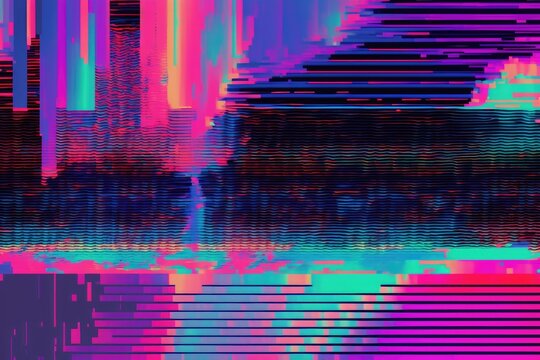 Abstract illustration of distorted tv test color bars. Glitch effect background. Conceptual image of vhs dead pixels. AI generated.