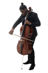 Full length portrait of a african american musician in a black suit and bow-tie playing a cello isolated on white background © Make_story Studio