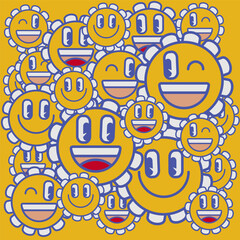 Flower shaped face emoji background. Retro 80s, 90s smile emoticon.