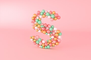 Letter S made of glass balls, pastel pearls, crystal jewels and gold.