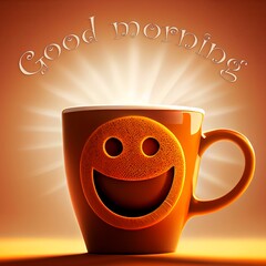 A cup of coffee with a smile and sunshine. Good morning. Created with Generative AI technology