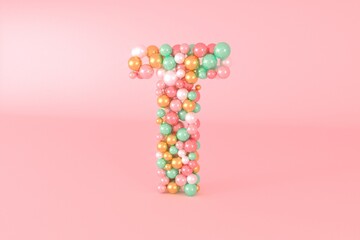 Letter T made of glass balls, pastel pearls, crystal jewels and gold.