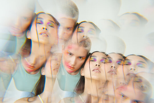 Trendy diversity female models with creative makeup