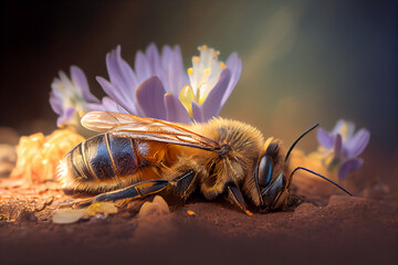 Bee affected by pesticide use, air pollution. Generative AI - obrazy, fototapety, plakaty