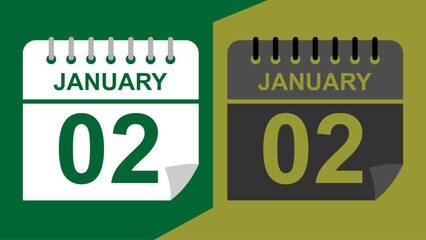 January 02 calendar date on green background or isolated icons with hollow background.