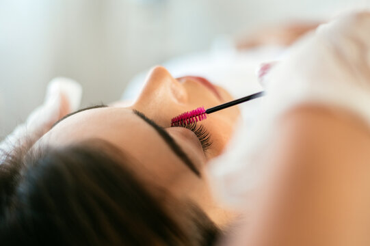 Crop beautician brushing eyelashes of female client