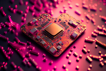 Electronic circuit board with electronic components on pink background. Close up. Valentines Day. Generative AI