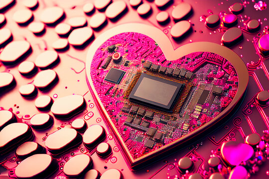 Electronic circuit board in the shape of a heart on a pink background. Valentines Day.  Generative AI