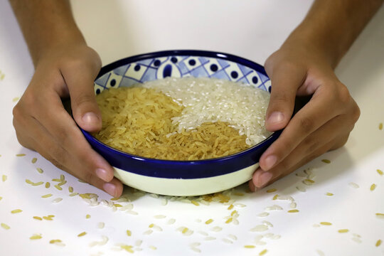 Hands Holding A Bowl Of Rice. Conceptual Image Of World Hunger. Raw Rice. Rice Of Several Varieties Mixed In The Same Bowl. White And Brown Rice Grains. Food. Basic Food. Mother's Hands Offering Food.