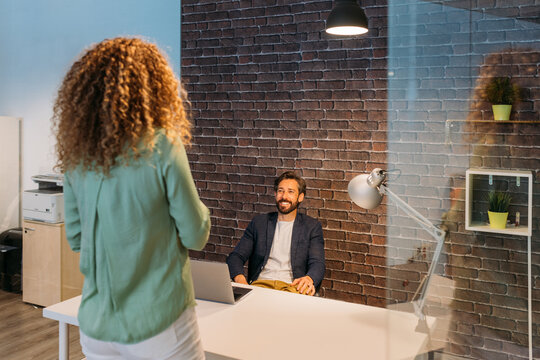 Smiling partners meeting in boss office
