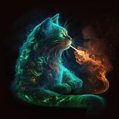 cat in the night sky, space cat breathing smoke