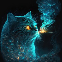 cat in the night sky, space cat breathing smoke