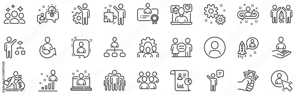 Poster set of business audit, startup strategy and employee icons. management line icons. business strategy